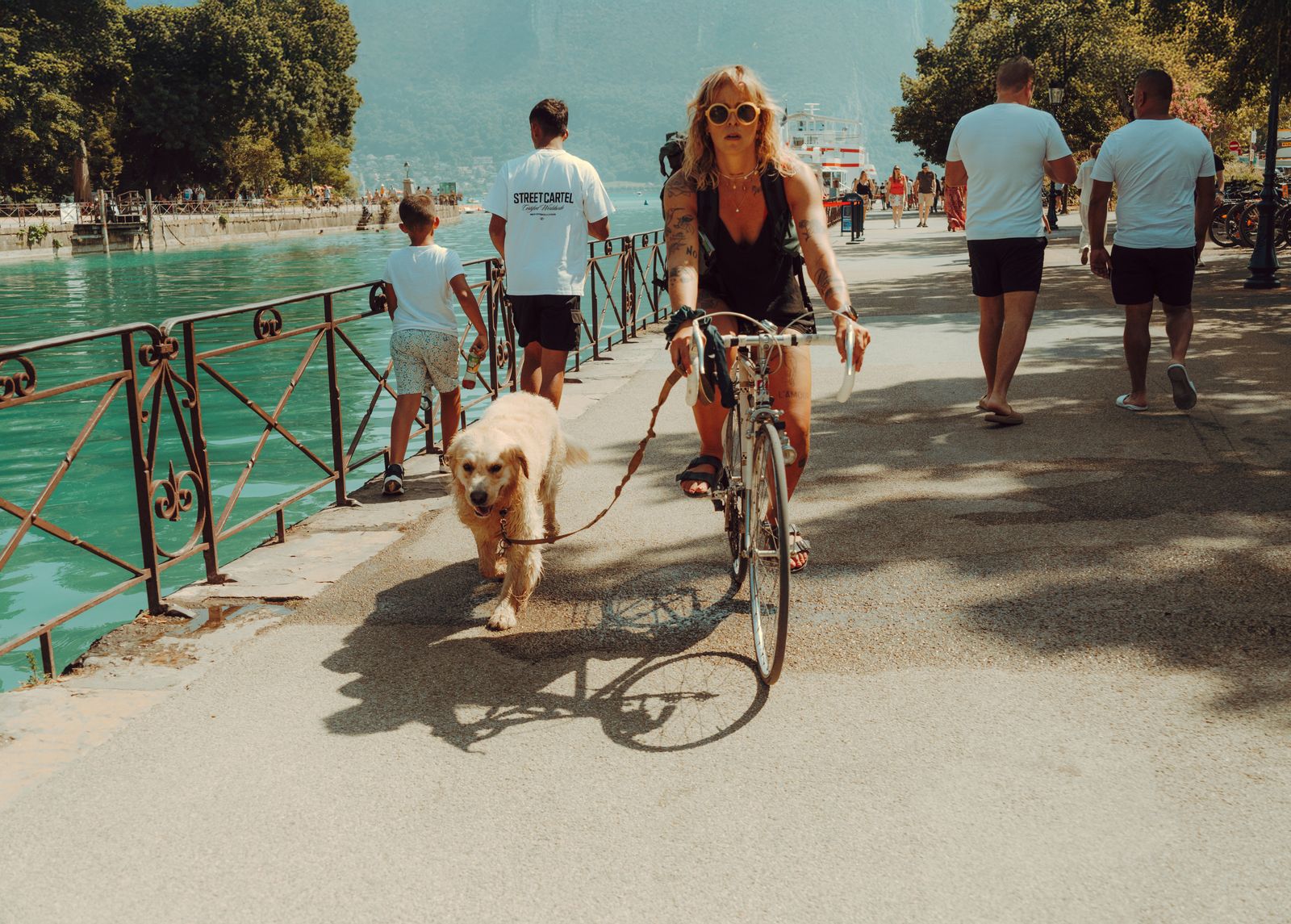 Person riding a bike while a dog trots calmly alongside on a loose leash