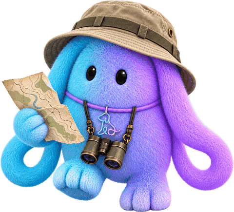 Soul, the Souldog mascot, as an explorer with hat, map and binoculars