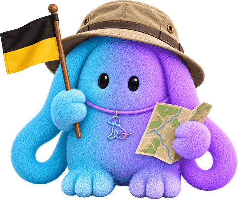 Soul, das Souldog-Maskottchen, mit Entdeckerhut und schwarz-gelber Flagge