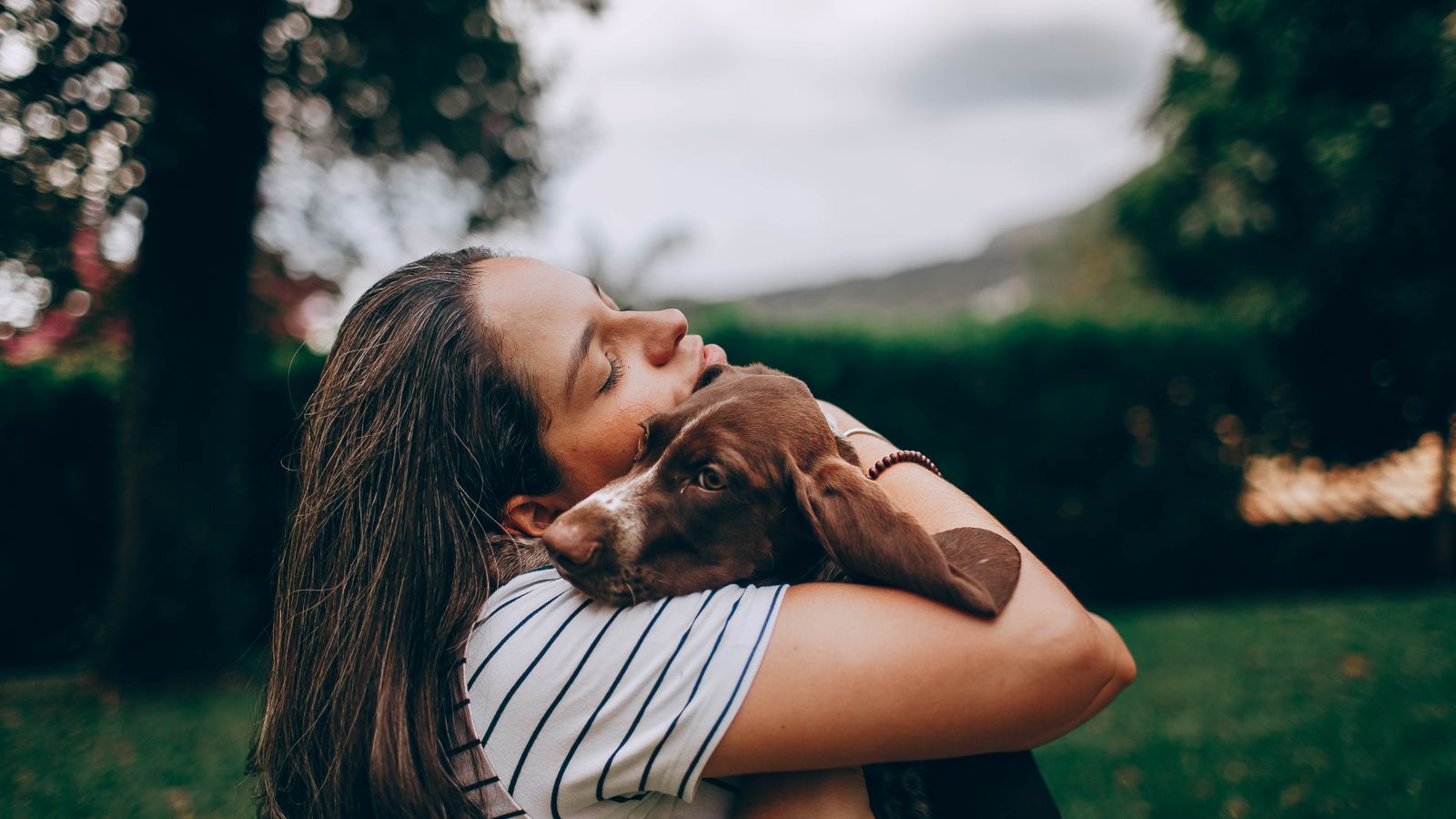 Frau umarmt liebevoll ihren Hund draußen im Grünen, welcher Hund passt zu mir